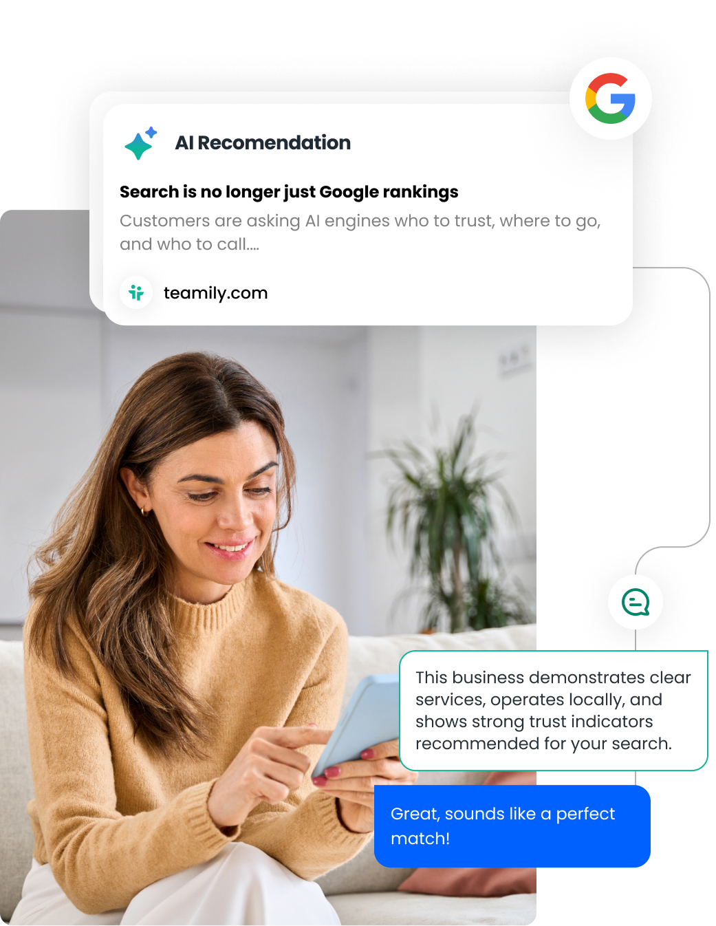 Future search engine interface with AI recommendations and reliability indicators